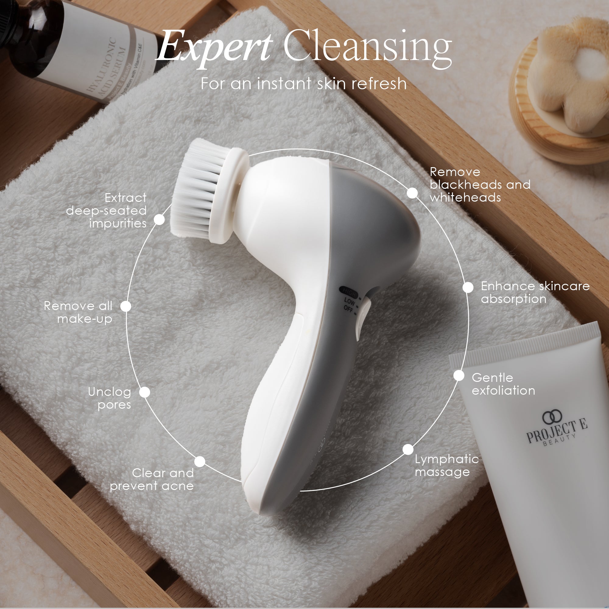 Bora electric facial brush showing electric brush facial cleansing benefits such as enhances skincare absorption