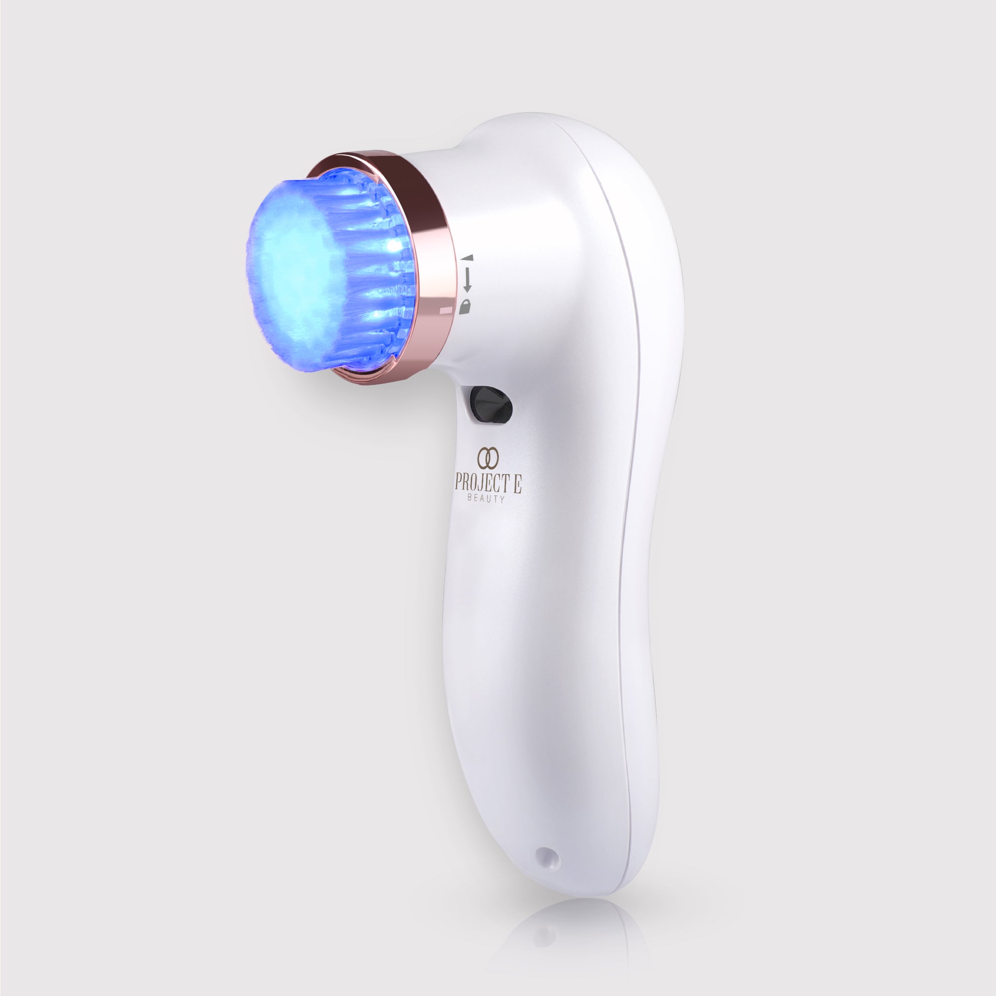 LumaBlue LED light cleansing brush showing device for facial cleansing and acne fighting