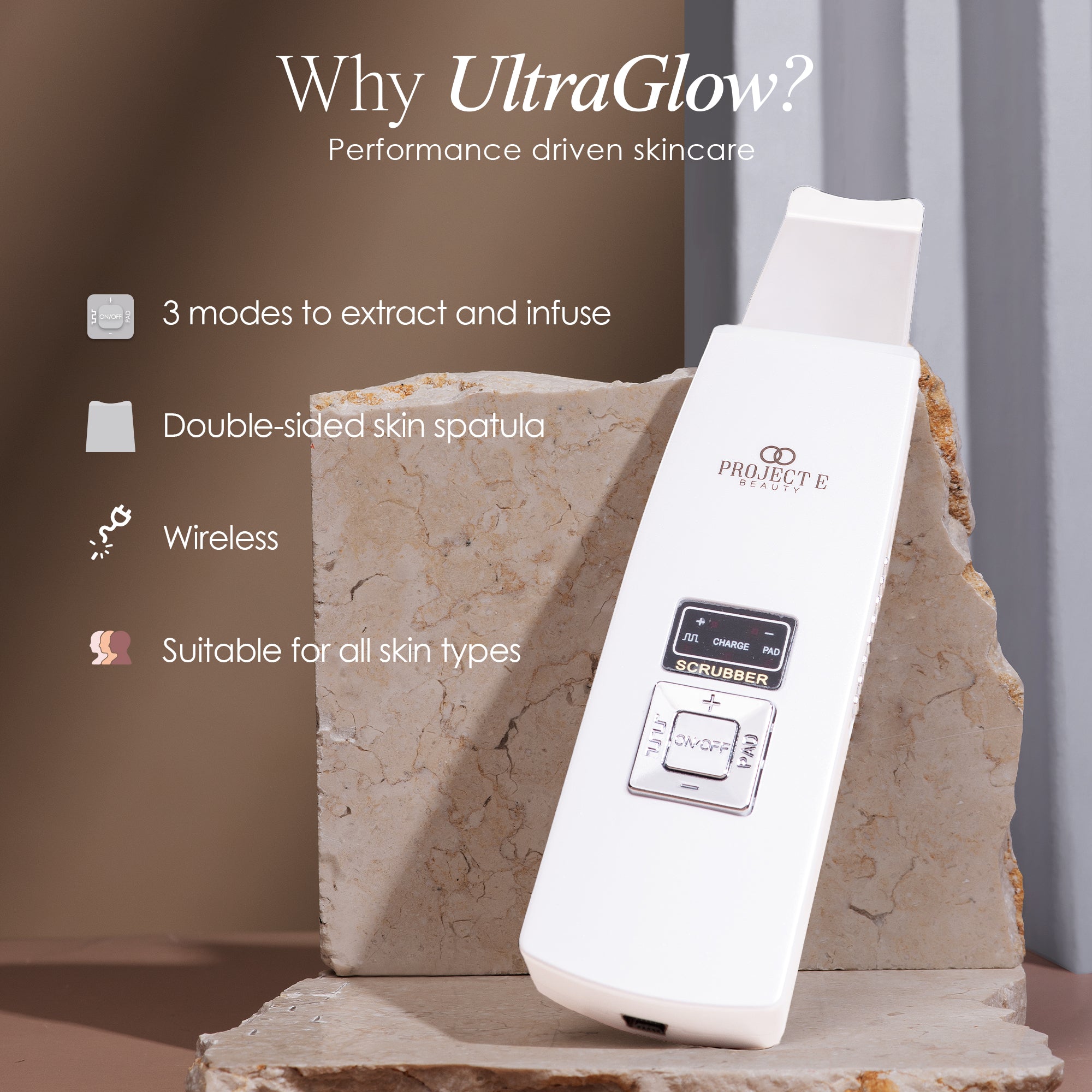 Ultrasonic skin spatula listing features such as 3 modes and wireless